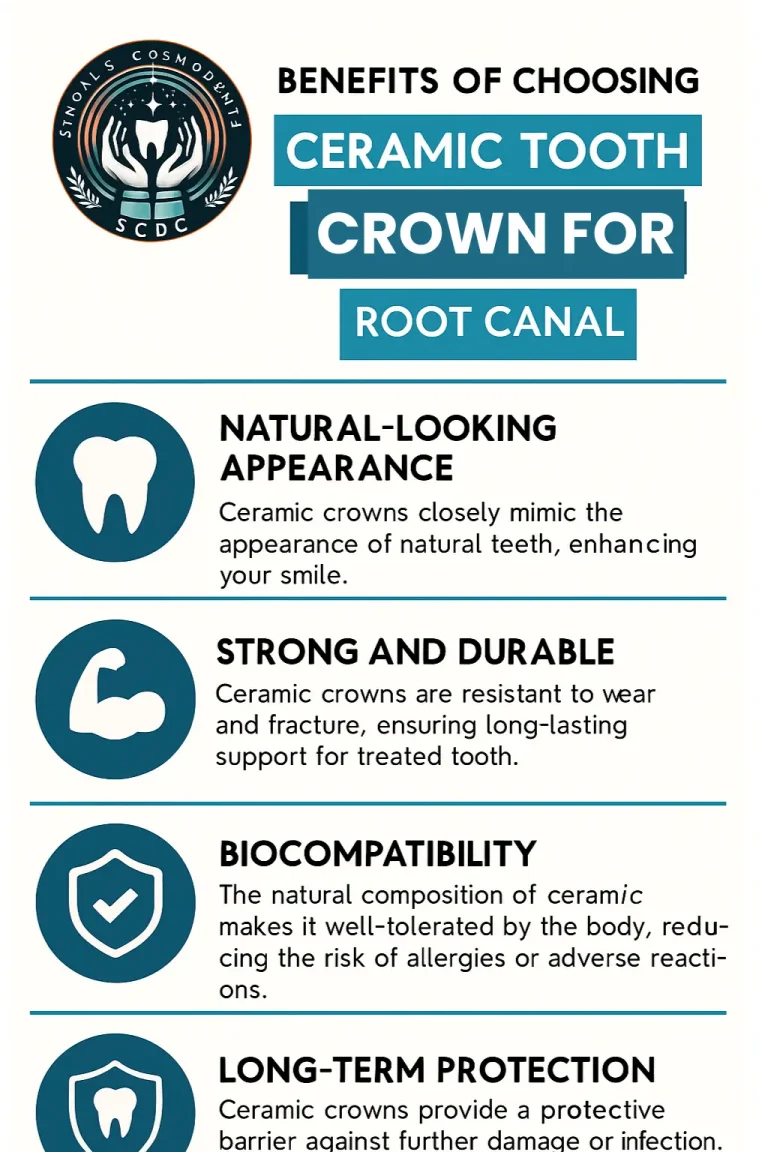 Infographic showing benefits of choosing ceramic tooth crown for root canal – natural look, durability, biocompatibility, and long-term protection
