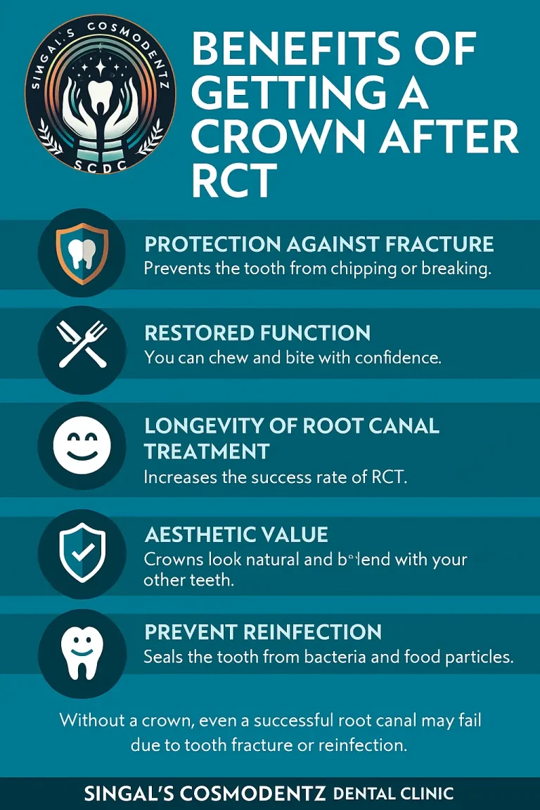 Benefits of getting a crown after RCT including protection, restored function, aesthetic value, prevention of reinfection, and longevity of root canal treatment.