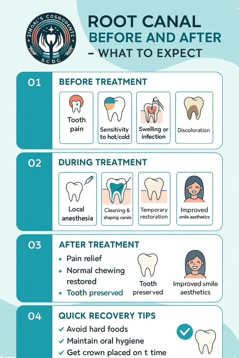 Infographic showing root canal treatment before, during and after steps with recovery tips at Singal's Cosmodentz Dental Clinic Gurgaon