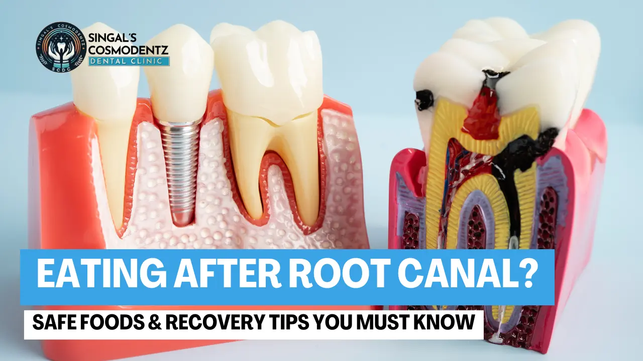 Illustration of teeth showing root canal treatment with safe eating and recovery tips after root canal by Singal’s Cosmodentz Dental Clinic.