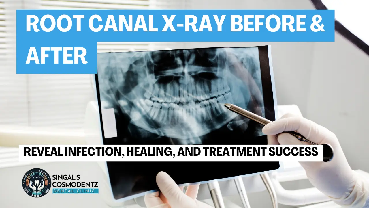 Root Canal X-ray Before and After showing dental infection, healing progress, and treatment success at Singal’s Cosmodentz Dental Clinic Gurgaon.