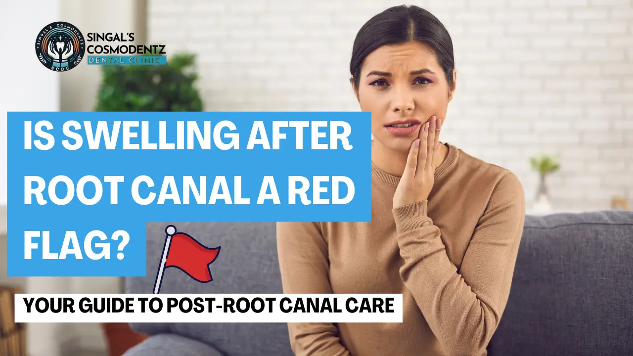 Patient holding cheek with pain – Is swelling after root canal a red flag? Post-treatment dental care guide by Singal’s Cosmodentz Dental Clinic.