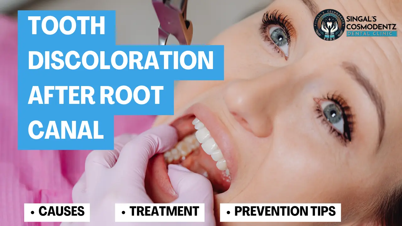 Tooth discoloration after root canal – causes, treatment, and prevention tips at Singal’s CosmoDentZ Dental Clinic.
