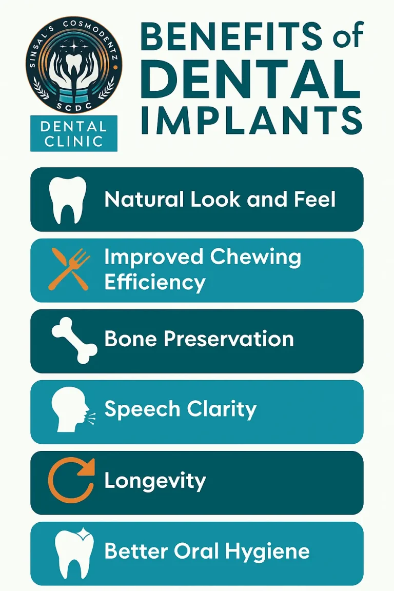 Infographic showing key benefits of dental implants at Singal’s Cosmodentz Dental Clinic Gurgaon, including natural look, better chewing, bone preservation, speech clarity, longevity, and oral hygiene.