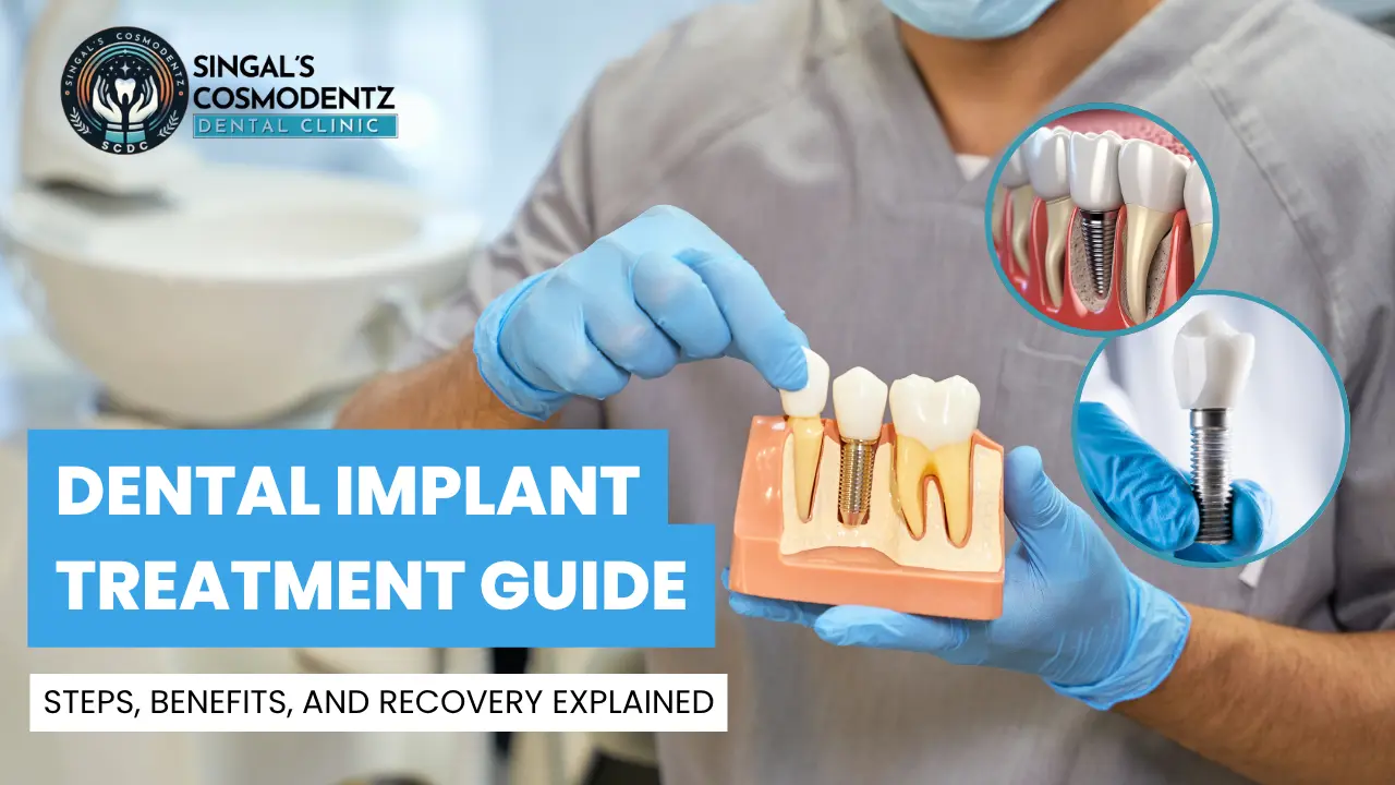 Dental implant treatment guide at Singal’s Cosmodentz Dental Clinic Gurgaon showing implant steps, benefits, and recovery process.