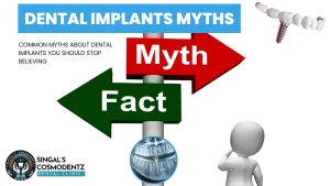 Illustration showing myth vs fact signs highlighting common dental implant myths with implant graphics, used for a dental implants awareness blog by SCDC.