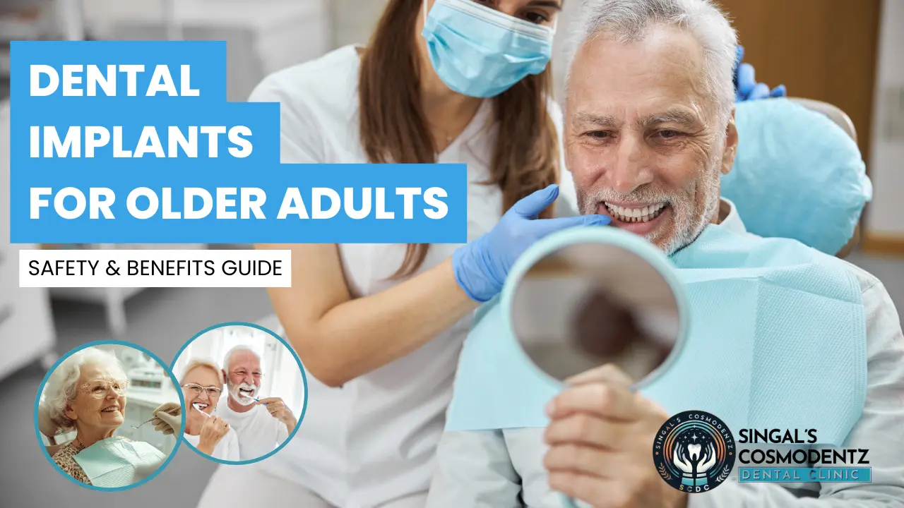 Senior man smiling during a dental implant check-up with dentist – Dental implants for older adults – Singal’s Cosmodentz Dental Clinic.