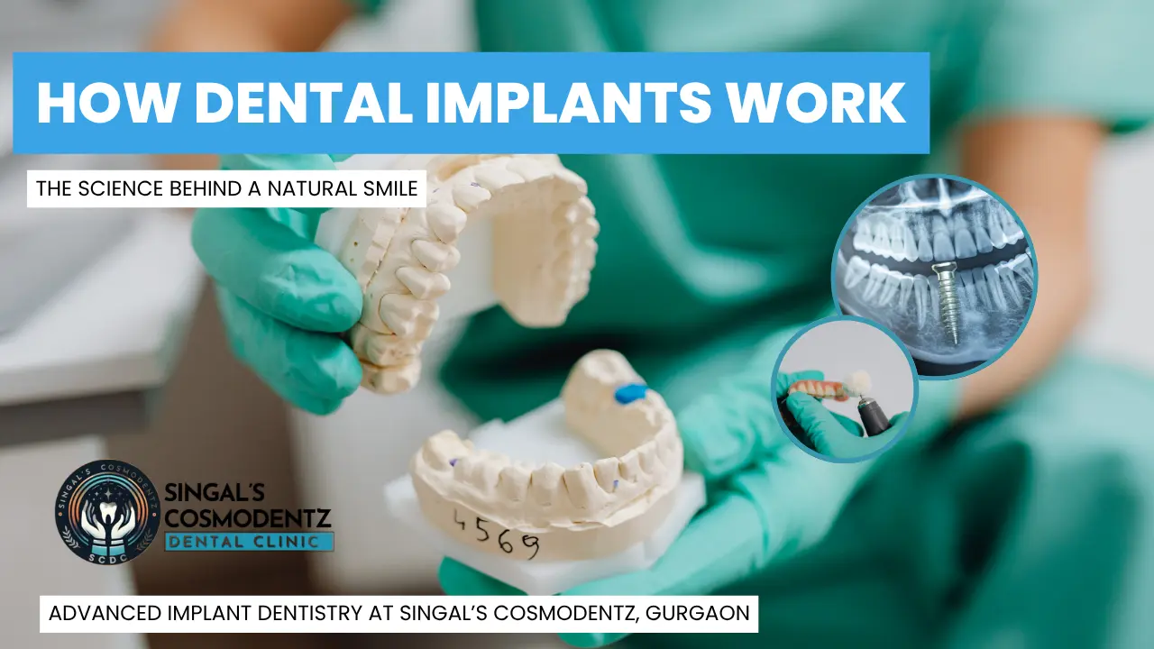 Dentist demonstrating dental implant model and X-ray at Singal’s Cosmodentz Dental Clinic, Gurgaon — explaining how dental implants work to restore natural smiles.