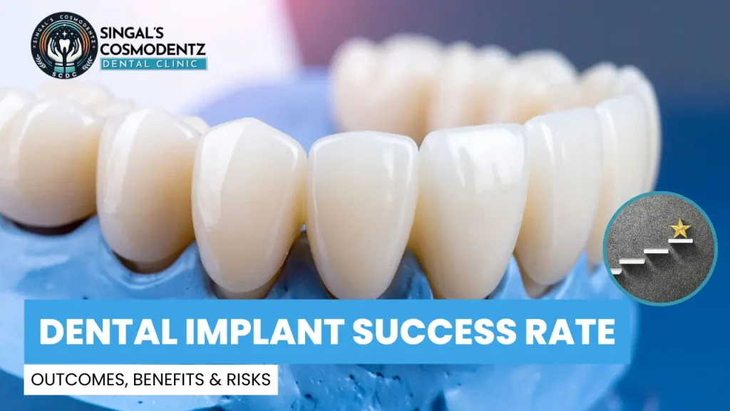 Close-up of dental implants and crowns illustrating dental implant success rate at Singal's Cosmodentz Dental Clinic.