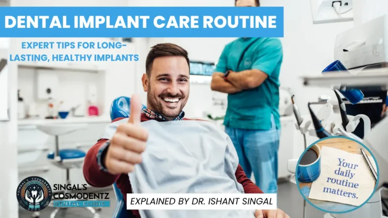 Smiling patient in dental clinic giving thumbs up while dentist explains dental implant care routine for long-lasting healthy implants at Singal’s Cosmodentz Dental Clinic