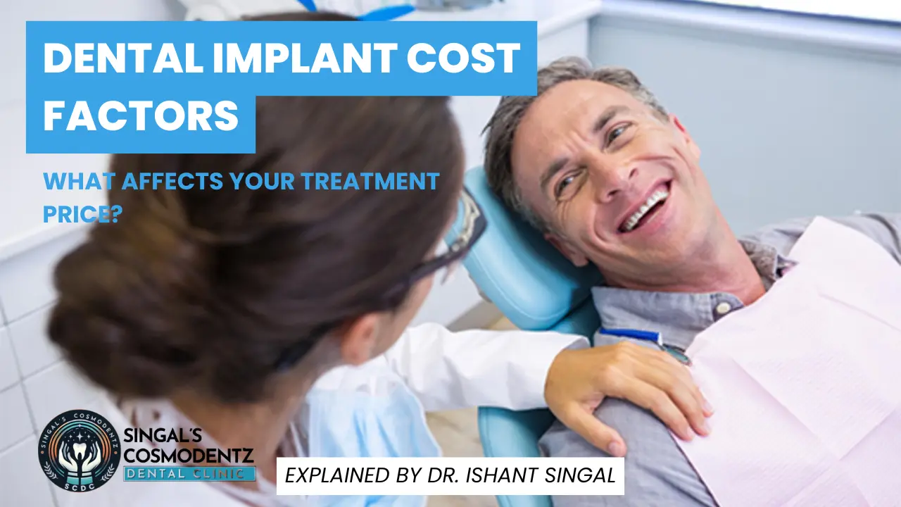 Dental implant cost factors explained with dentist consultation and tooth implant diagram showing pricing elements in India